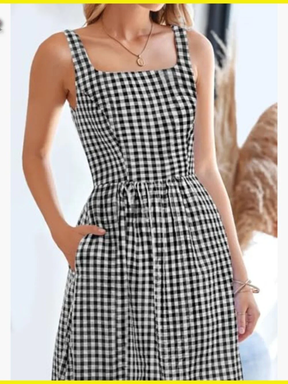 Plaid Square Neck Maxi Dress Spaghetti Strap A-Line Casual Beach Vacation